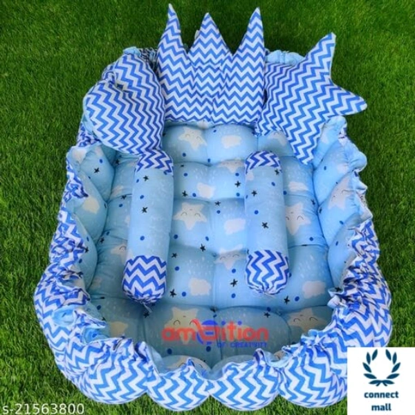 Pink Unique Newborn Baby Round Tub Bedding Set, Reversible Bed Set Cum Mattress with 3 Multi Shape Pillows for Newborn to Toddlers ( Blue& Sky Blue) - Blue & Sky Blue